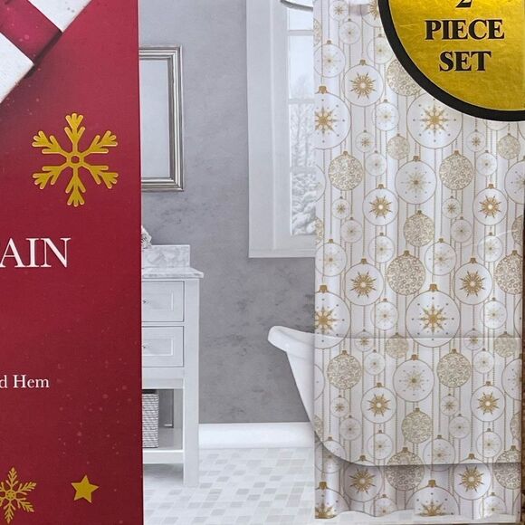 Shower Curtain 2 Piece Set Gold Metallic Holiday Ornaments Vinyl 72x72” NWT - Picture 1 of 10